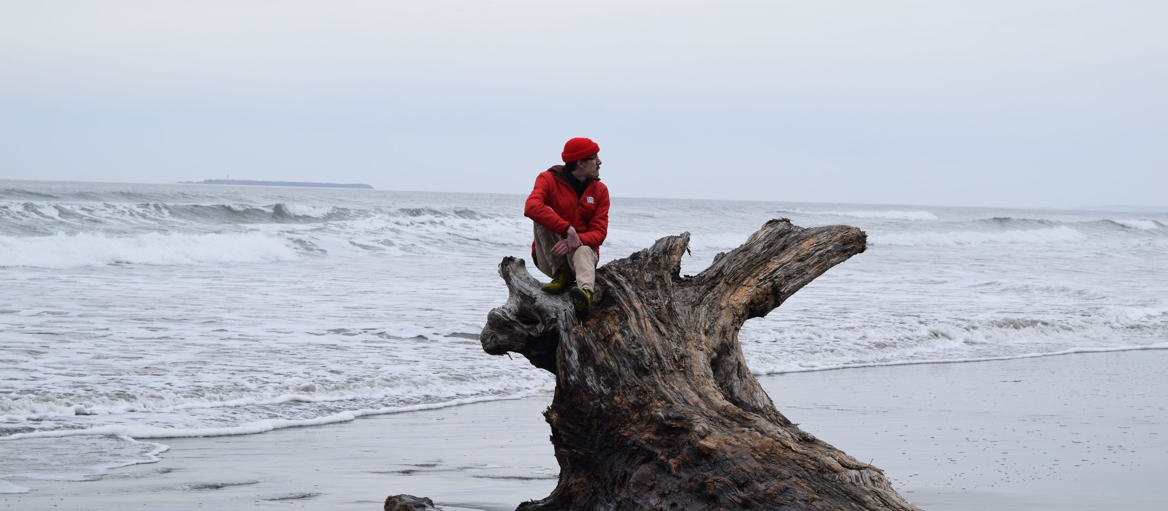Conrad, sitting on a driftwood stump off the coast of Oregon.